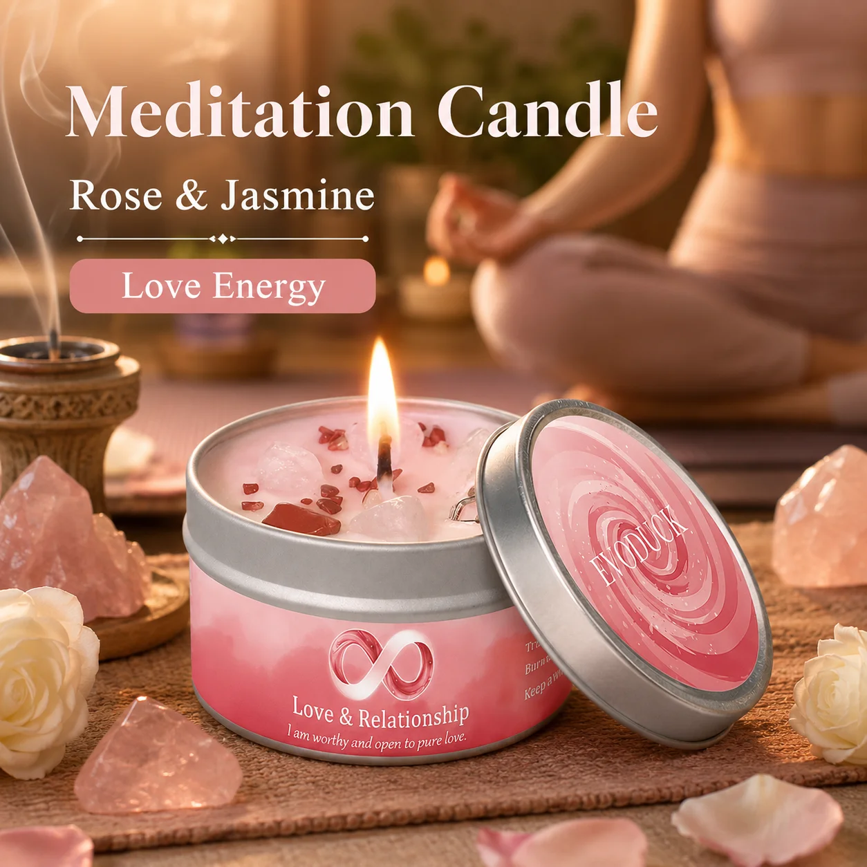 Bougie parfumée à la rose et au jasmin avec cristaux, énergie de l'amour, manifestation, méditation, aromathérapie, cadeau relaxant pour femmes, petite amie