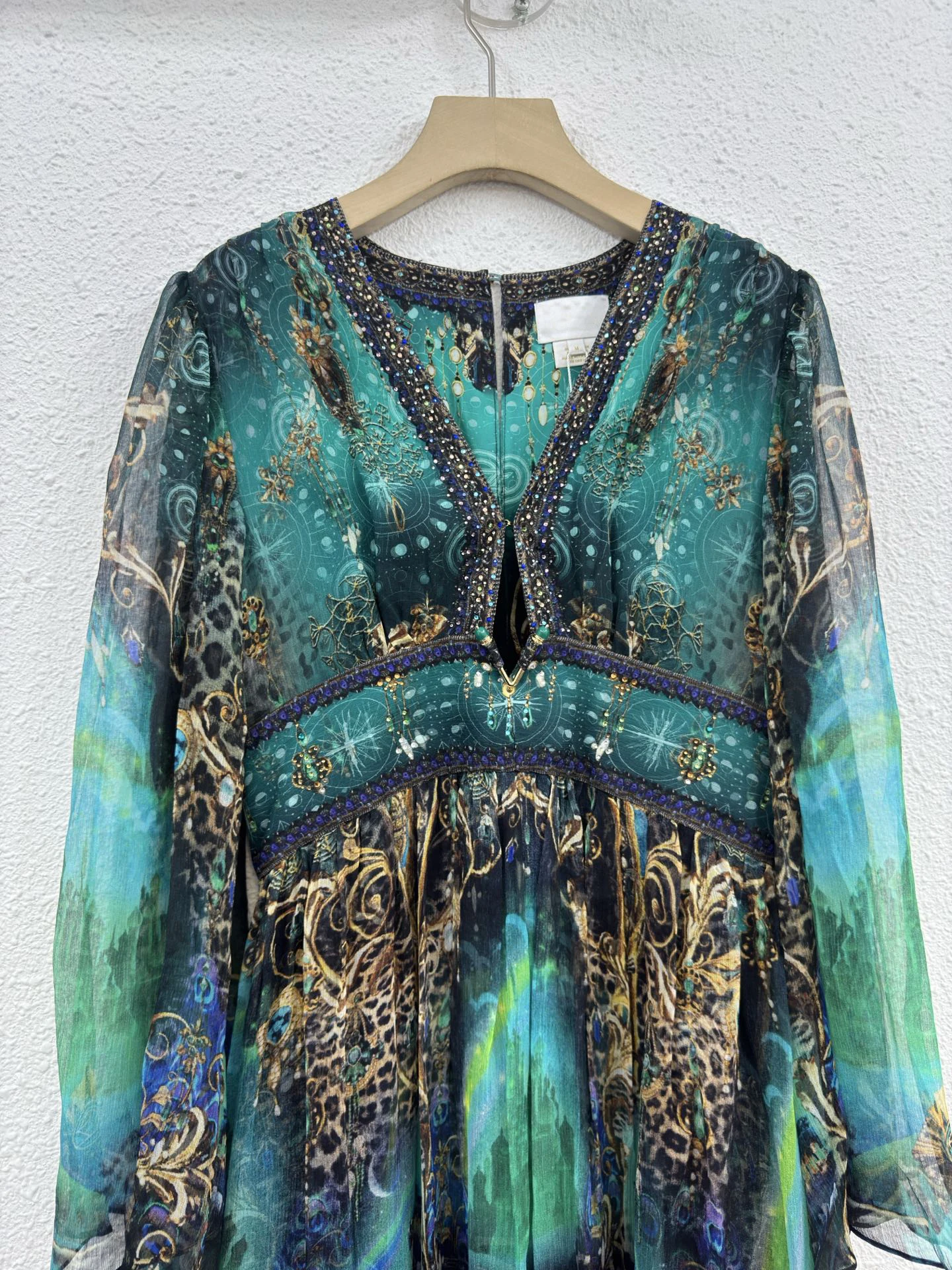 100% 실크 시크 에메랄드 그린 프린트 맥시 드레스 여성용 V넥 긴팔 보헤미안 시폰 가운