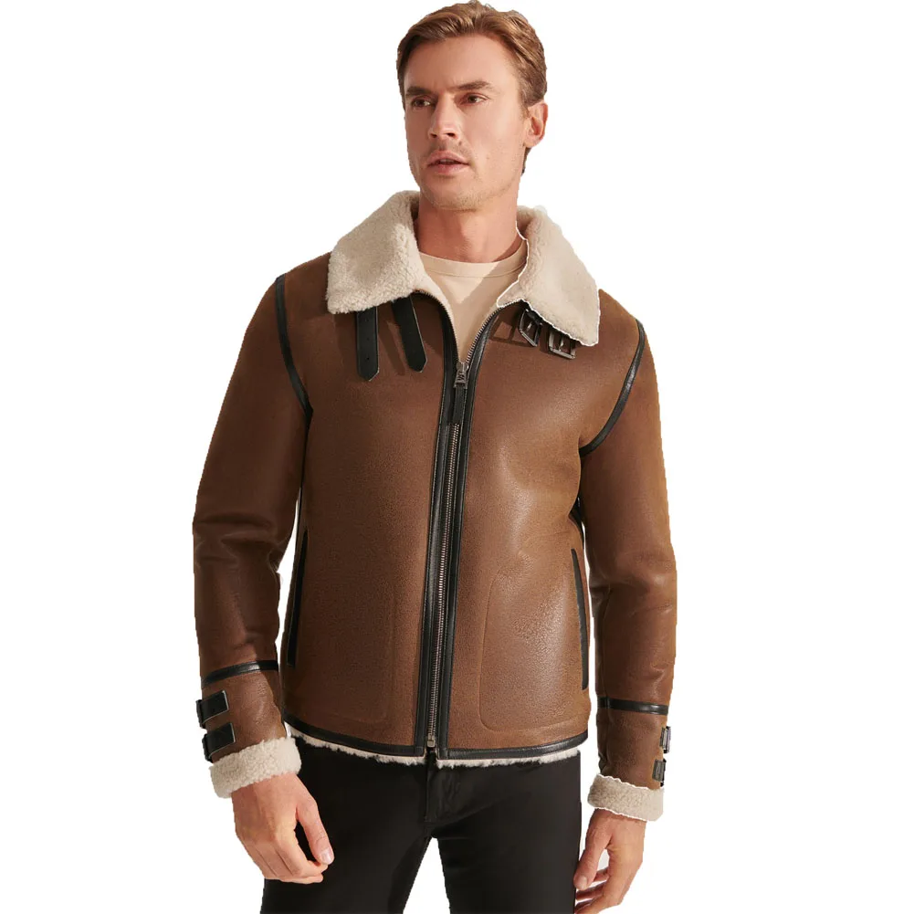 Denny&Dora Sheepskin Shearling Jacket for Men - Real Fur Men's Coats, Brown Shearling Jacket for Men