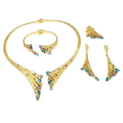 Dubai Gold Plated Woman Jewelry Set Women's Luxury Blue Stone Necklace Bracelet Ring Set Jewelry Sets Wedding Party Jewe