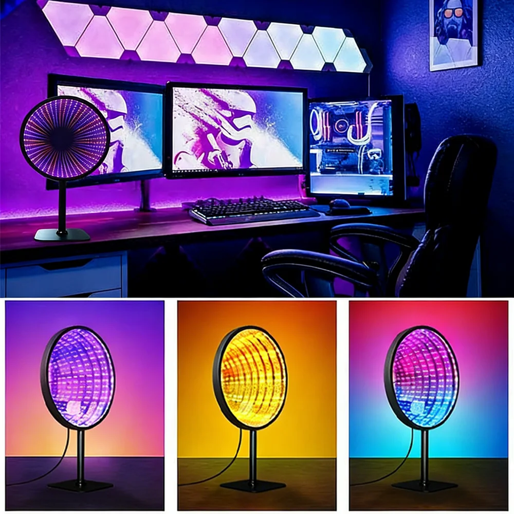Runder Acryl-Infinity-Spiegel 3D Tiefen-Tunnel-Licht Kreative Zeittunnel-Ambientelampe mit RGB für Schlafzimmer, Nachttisch und Wohnzimmer