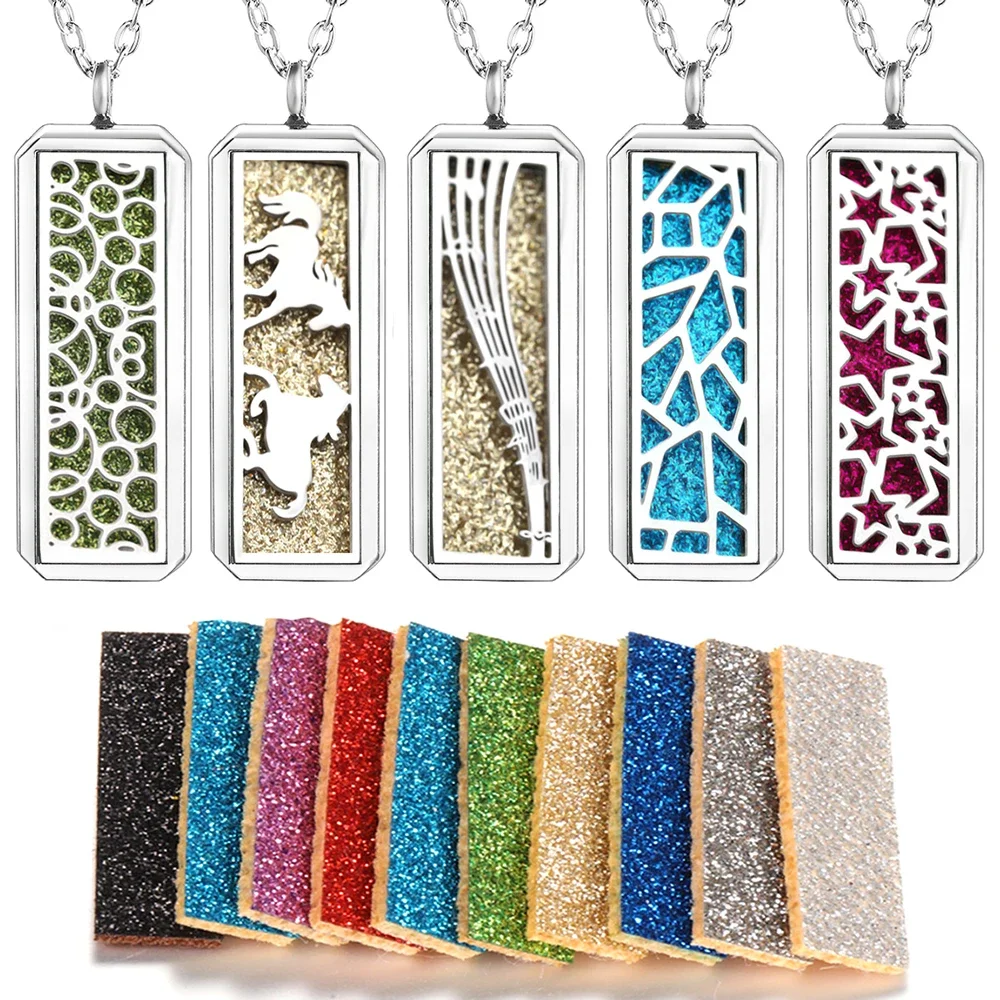 Pendentif magnétique rectangle en acier inoxydable, diffuseur d'huiles essentielles d'aromathérapie, médaillons de parfum, bijoux de collier de symbole de musique, nouveau