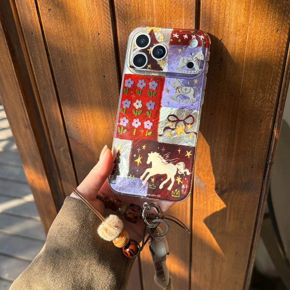 

Creative stitching flower pony phone case for iPhone 17 16ProMax14 15Pro fundas fashion personalized shock-proof protective case