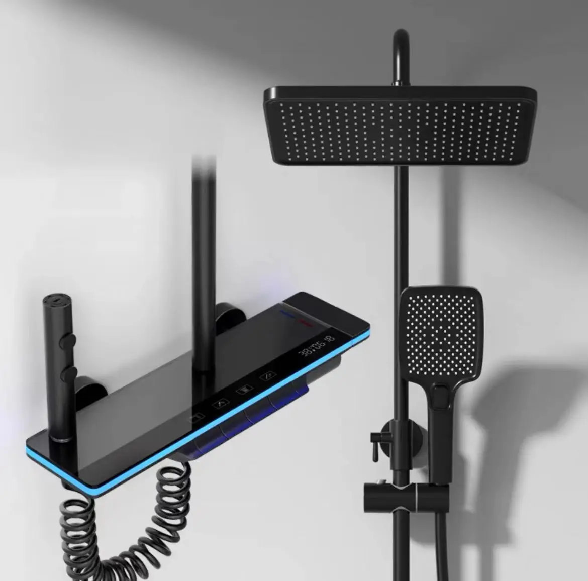 Système de douche de luxe blanc pour salle de bain avec éclairage, ensemble de douche en verre trempé, affichage numérique, mitigeur en cuivre