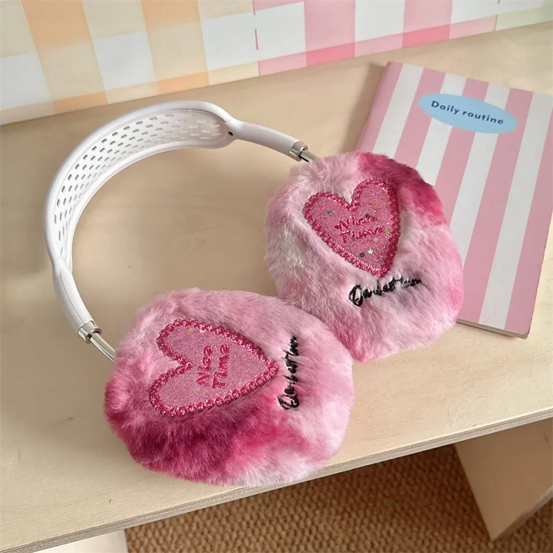 Cute Love Heart Plush Earphone Case For Apple Airpods Max Cover Silicone Warm Fuzzy Headphone Protective Cases for Airpodsmax