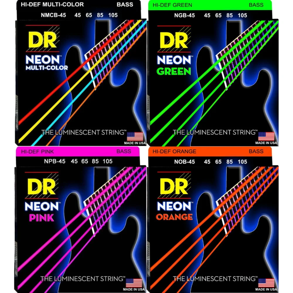 DR Strings HI-DEF NEON Cordas para baixo revestidas fluorescentes - Núcleo redondo (tom brilhante, alto impacto visual)