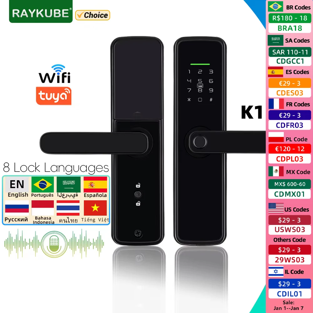 

RAYKUBE K11 Tuya WiFi Biometric Fingerprint Lock Digital Electric Door Lock With 8 Lock Languages Password/Key/Card/APP Unlock