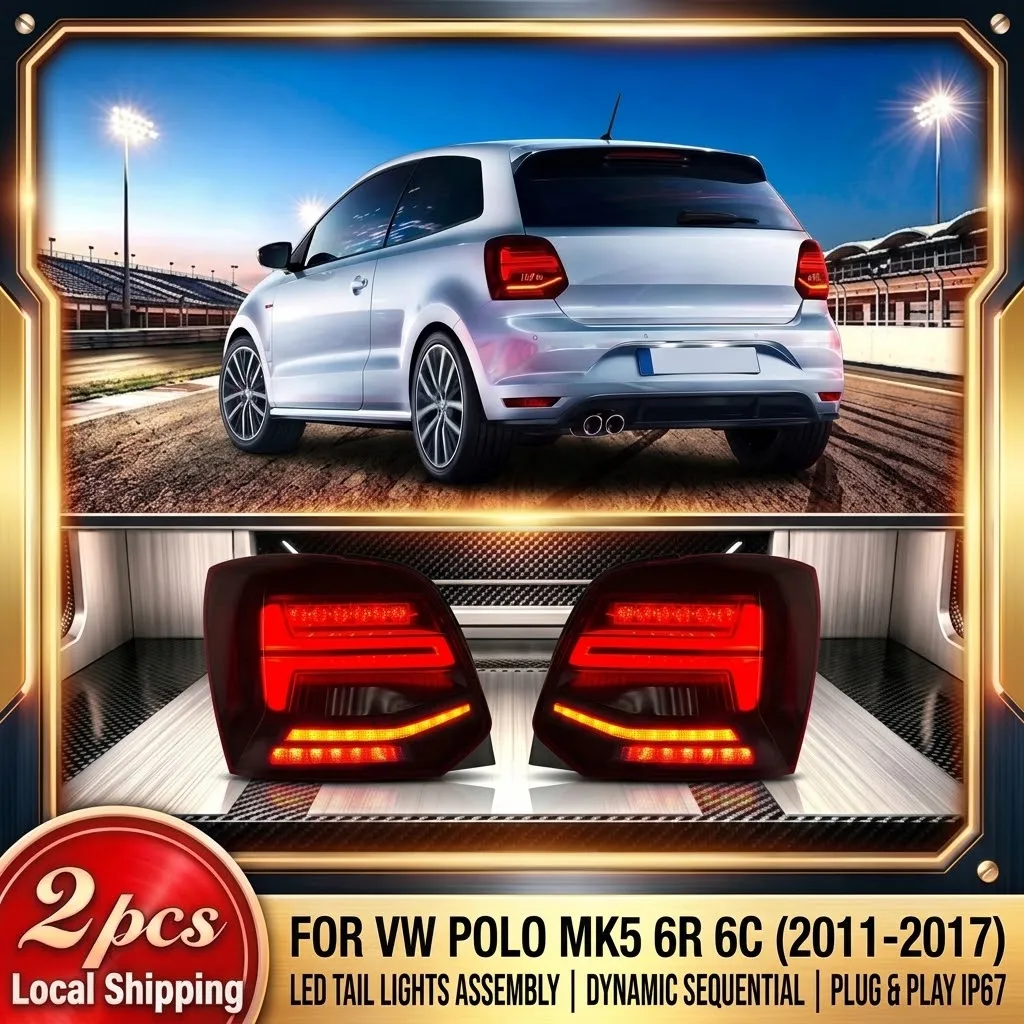 Image of LED-Rückleuchten-Set für Volkswagen VW Polo MK5 6R 6C Hatchback 2011-2017, E-geprüfte Rückleuchte mit dynamischem sequenziellem Blinker, Brems-, Rückfahr- und Tagfahrlicht, direkter Ersatz,