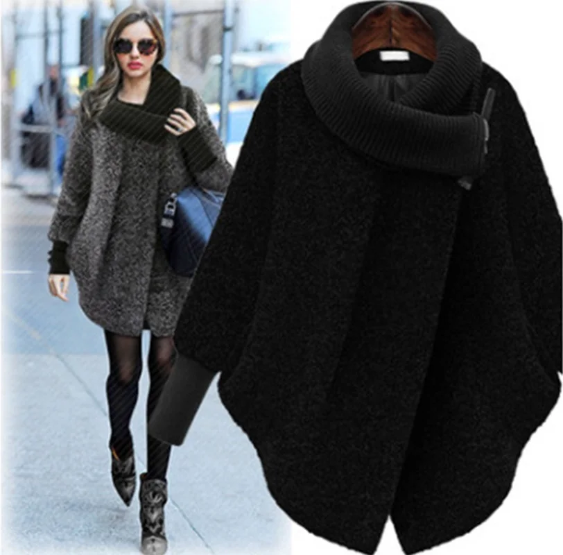 Winter Ladies Knitted Long Trench Coat Jacket Loose Causal Female Women Woolen Turtleneck Outwear Overcoat Capes Plus Size