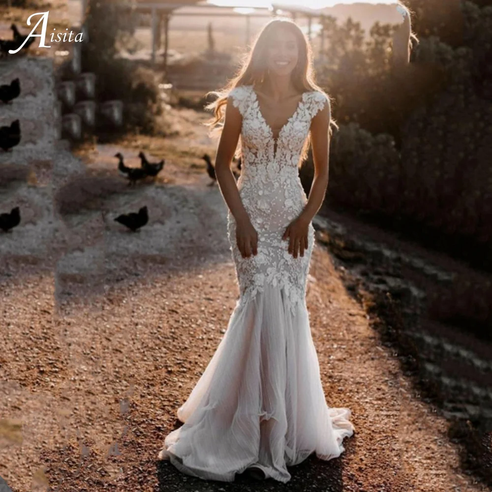 Vestidos De Novia románticos De sirena De tul con cuello en V, Vestidos De Novia sexis De encaje personalizados, bata De Novia bohemia sin mangas con espalda abierta