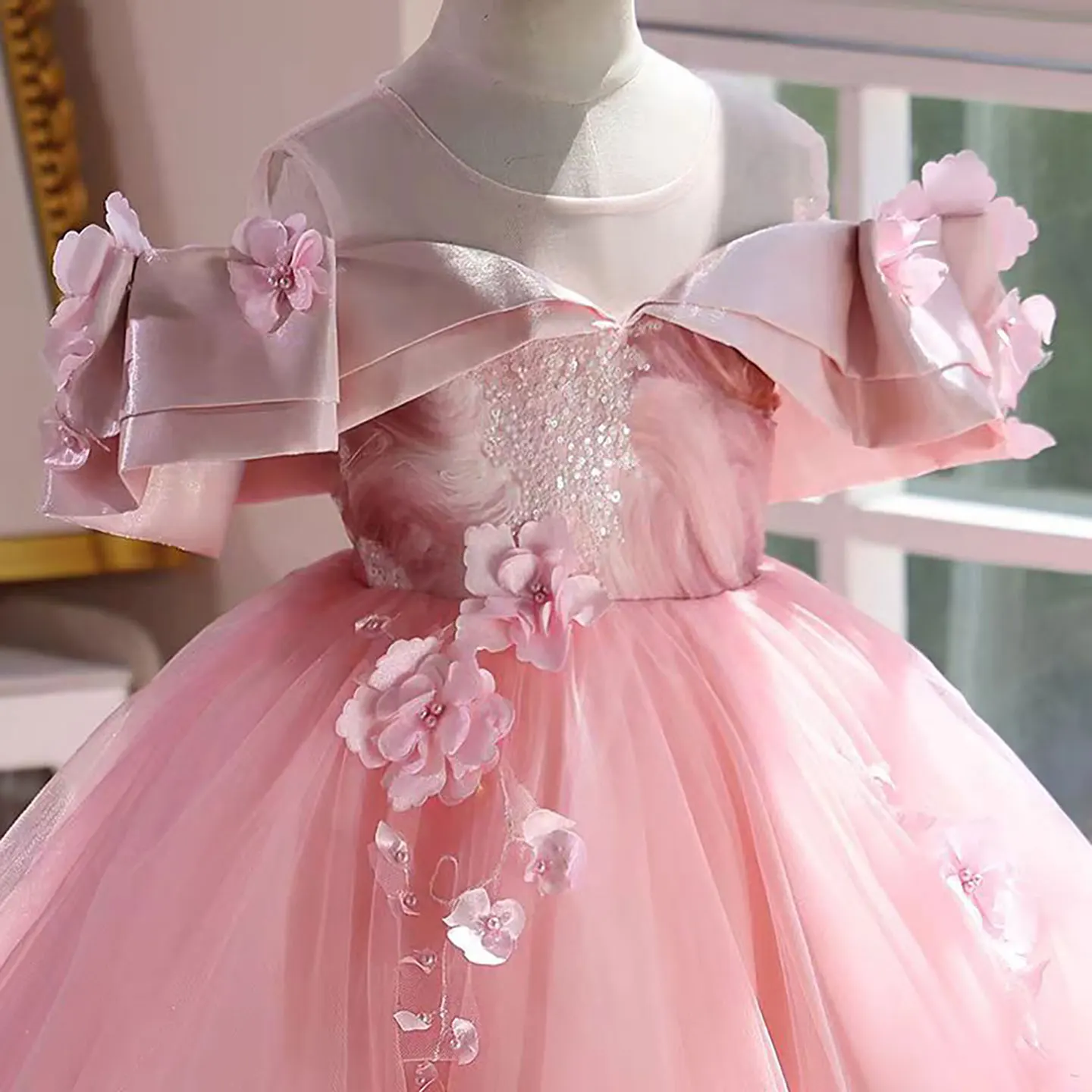 Dreamy Vow D048 Grazioso abito lungo da ragazza di fiore rosa in tulle con spalle scoperte per occasioni speciali Festa serale di nozze