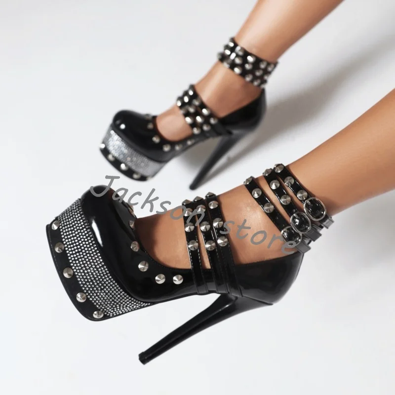 

Black Thick Sole Rivet Fashion Ankle Buckle Women Sandals Round Toe High Heels Sexy Dress Shoes Party Platform Stiletto Pumps