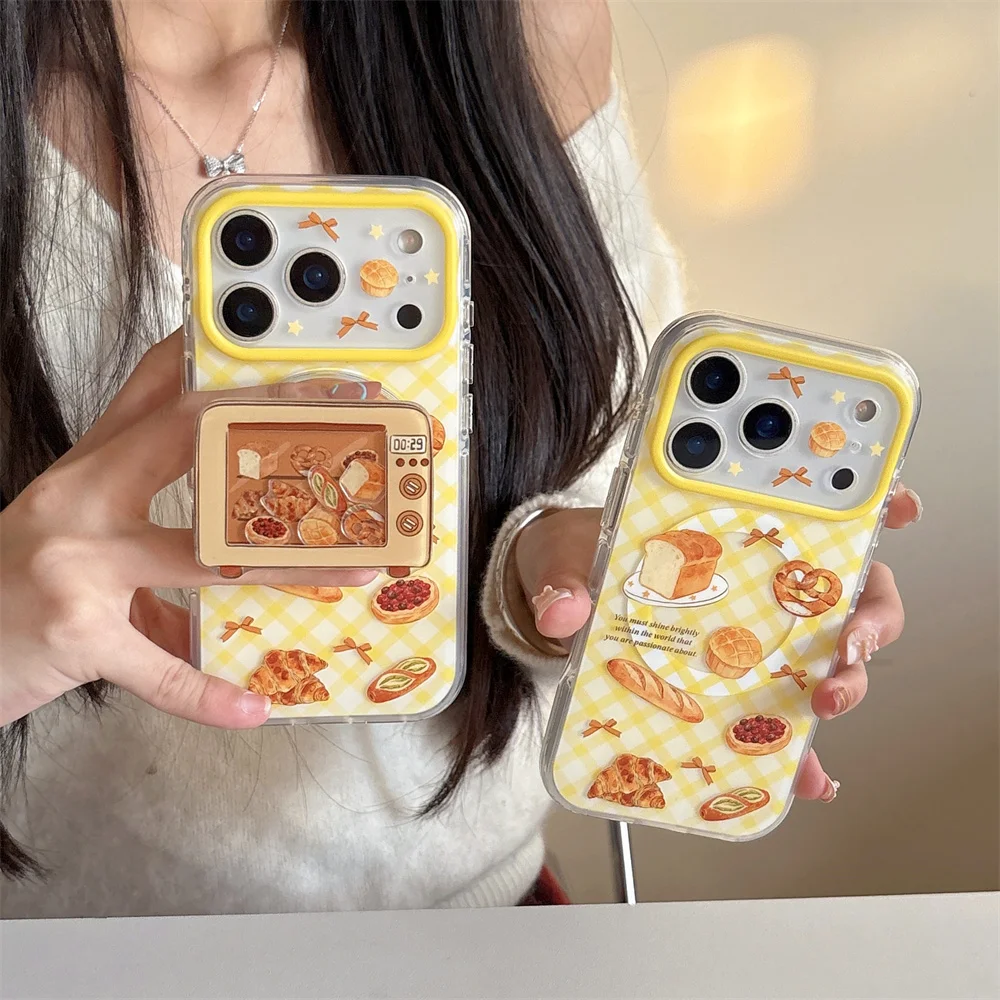 

New Cute Fro Bread Magnetic Oven Stand Phone Case Suitable for iPhone 17 Pro Max 15/16 Pro 14promax/13 All Inclusive Anti Drop