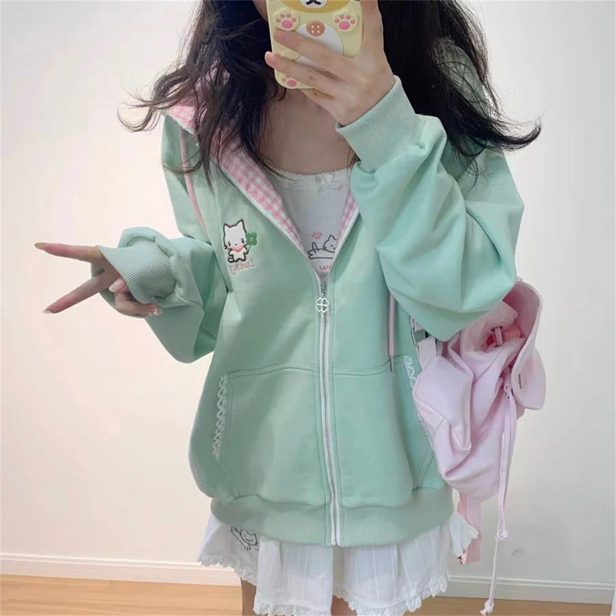 Y2k Hoodies Green Kawaii Cat Floral Print Hooded Zip-up Woman Sweatshirts Pink Ins Jacket Spring Fall Clothes Cute Streetwear view 6