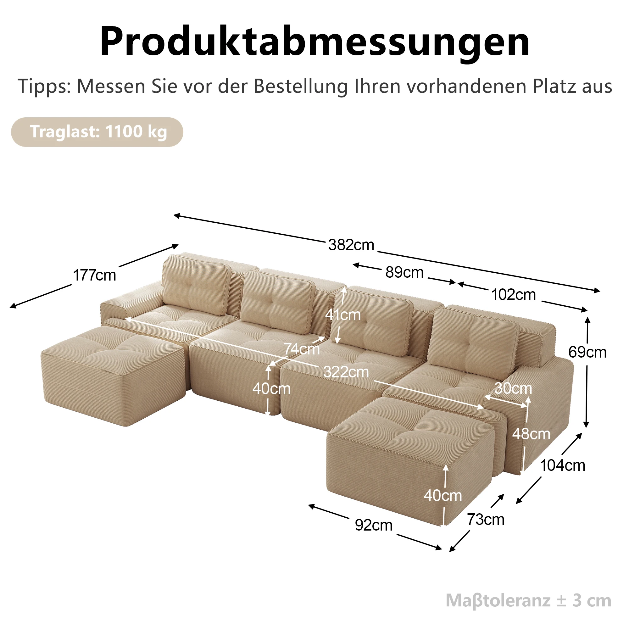 Boneless 4-Sitzer Modulares U-Form Sofa, Keine Montage erforderlich, verbreiterte Handläufe aus weichem Corduroy Tiefsitz 32D Schaumstoffpolsterung rutschfest ohne Montage für Wohnzimmer Beige