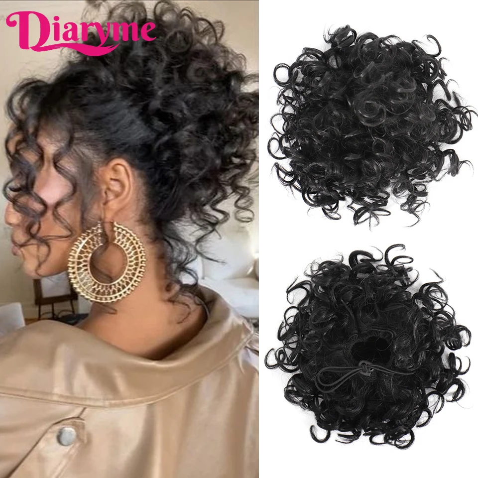 Messy Bun Hair Piece Curly Wavy Drawstring Ponytail Extensions for Black Women Synthetic Clip on Hair Bun Hair Pieces