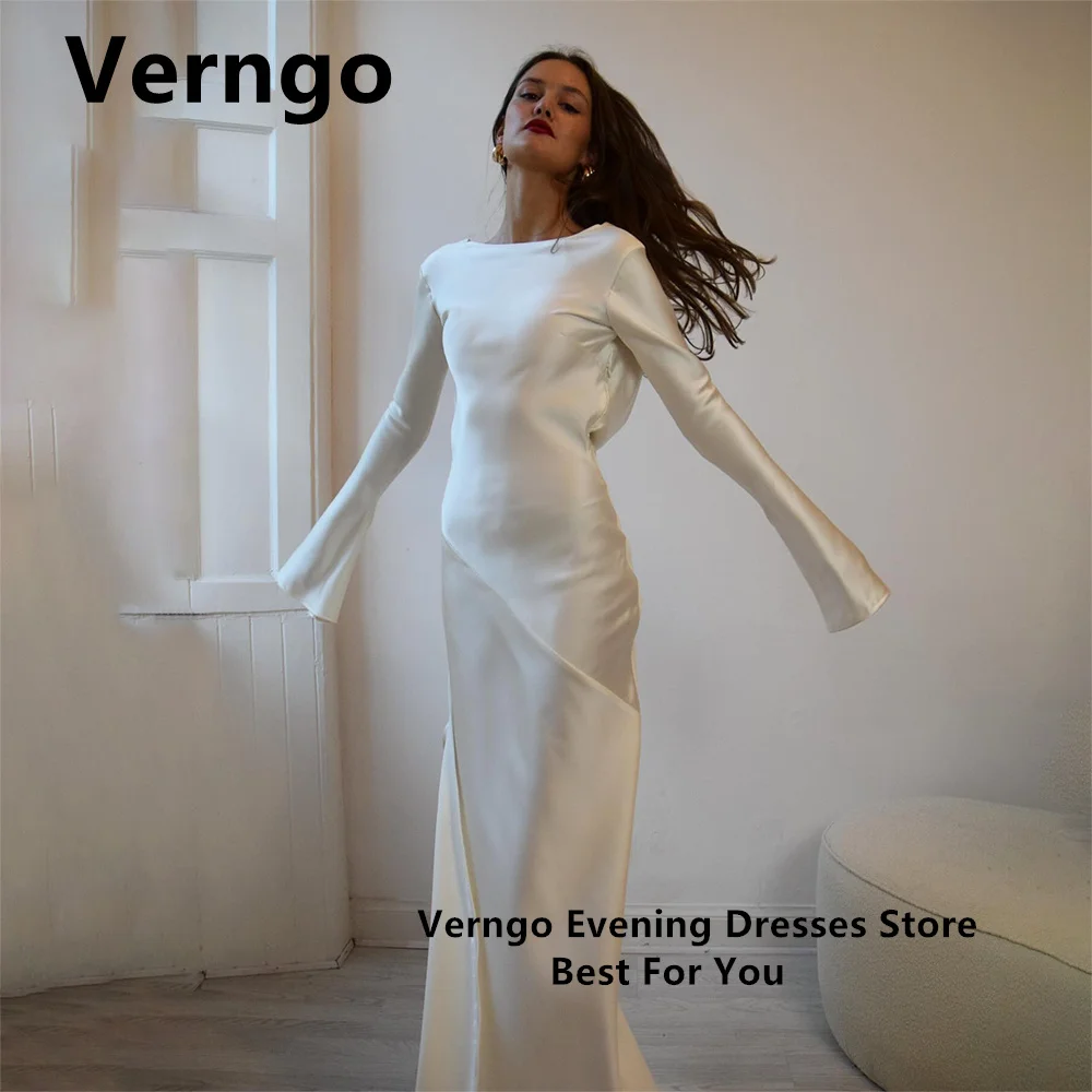 

Verngo High O Neck Satin Party Dress For Women Simple Mermaid Prom Gowns Full Sleeves Floor Length Formal Dress