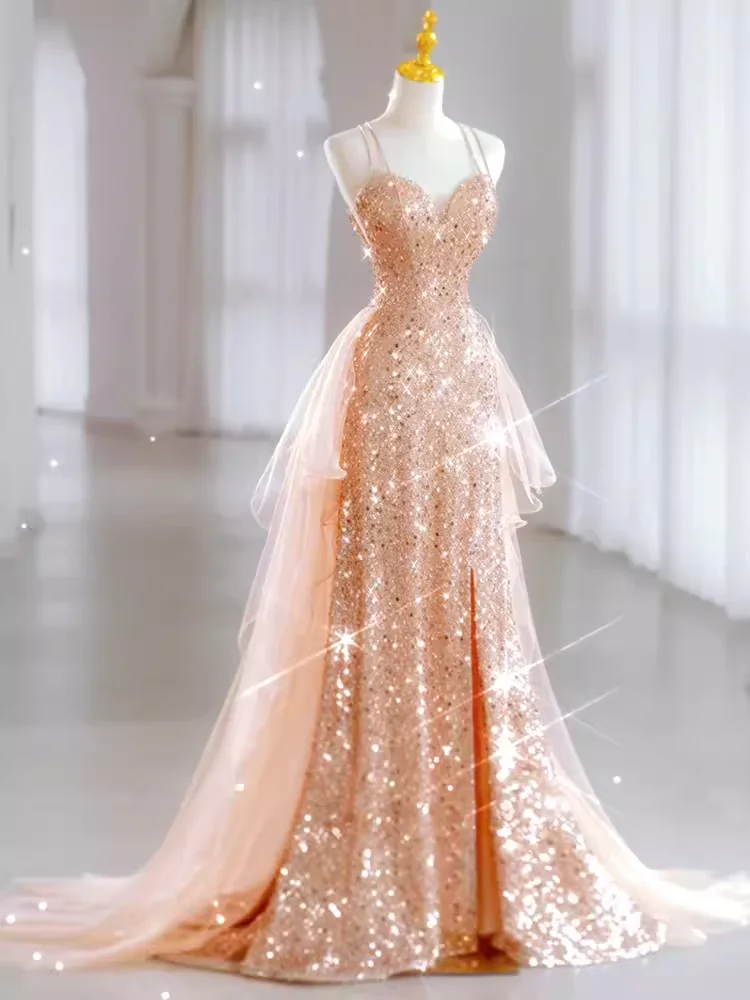 Vestido de fiesta de lentejuelas con cuello en V brillante, vestido de novia con abertura de tirantes finos, vestidos de noche formales, vestido de baile de tren de tul largo, 2024