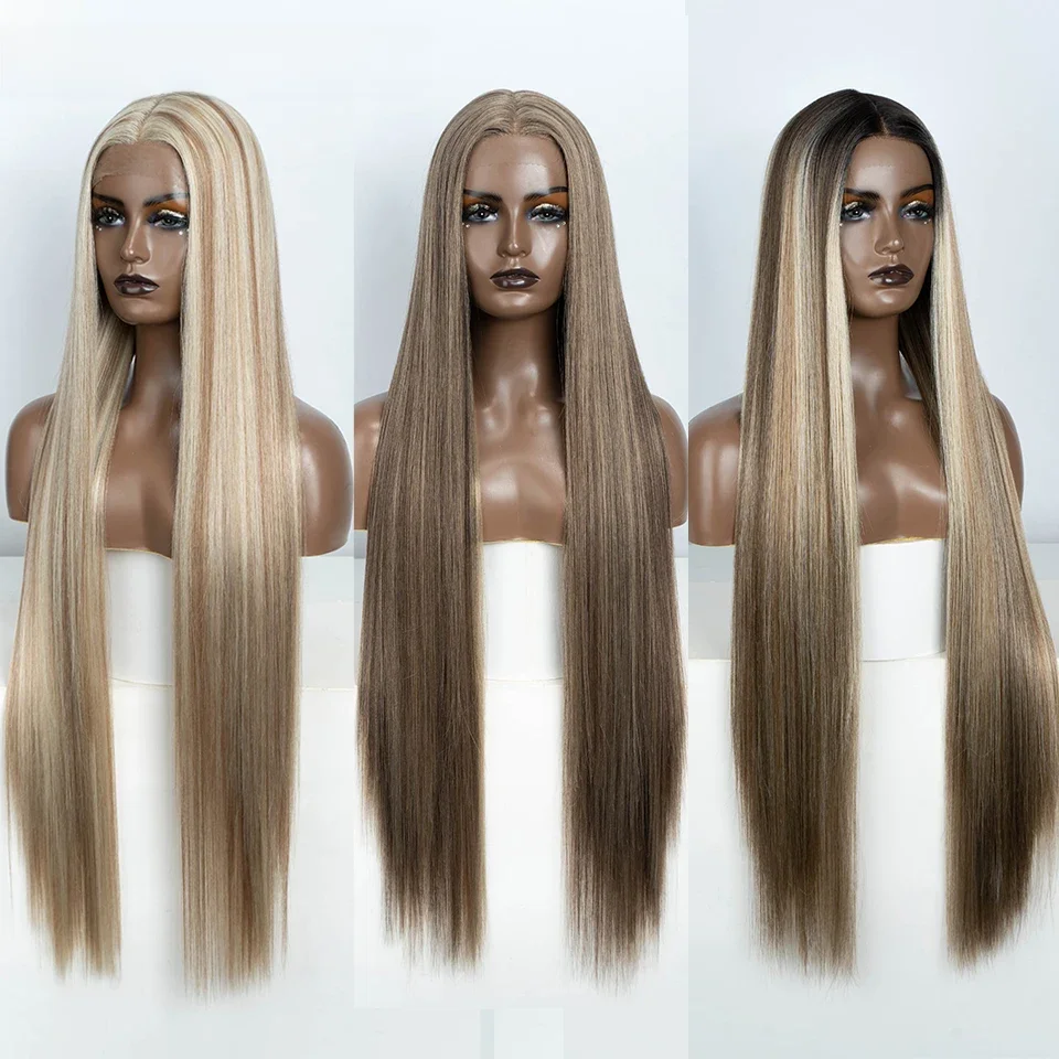 VRIJHEID Rechte Synthetische Kant Voor Vrouwen 38 Inch Lange Ombre Bruin Rood Blond Hoogtepunt Kant Frontale Pruiken Cosplay Pruik - afbeelding 2