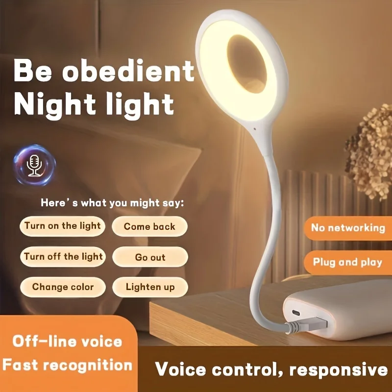

USB Voice Control Night Light, Smart LED Reading Lamp with Flexible Goose Neck for Bedroom, Hallway, Camping Tent Plug and use