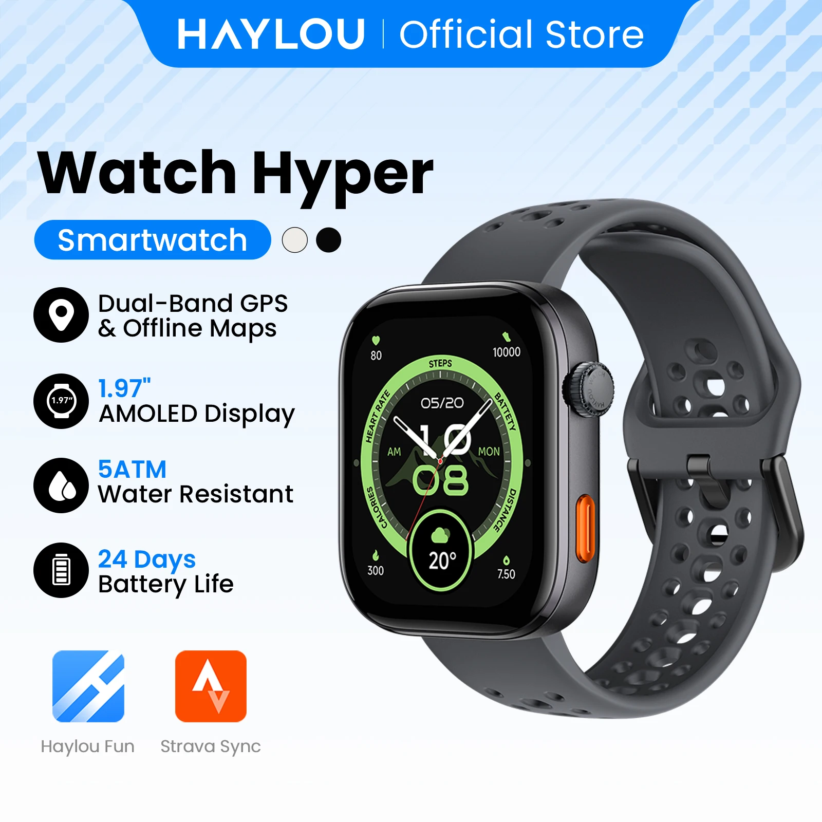 Montre connectée HAYLOU Hyper avec écran AMOLED de 1,97 pouces, GPS double bande, boussole, cartes hors ligne, réponse aux messages, montre intelligente 5ATM