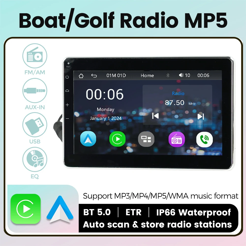 

Navifly 7-дюймовый морской радио MP5-плеер Carplay для лодок, гидроциклов, квадроциклов, UTV, боковой сбоку, тележки для гольфа, водонепроницаемый BT 5,0, лодочный радиоприемник
