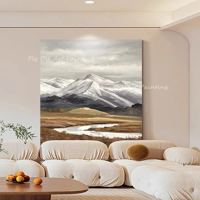 

100% Hand Painted simple ocean thick snow mountain landscape picture fashion luxury oil painting for office living room gift