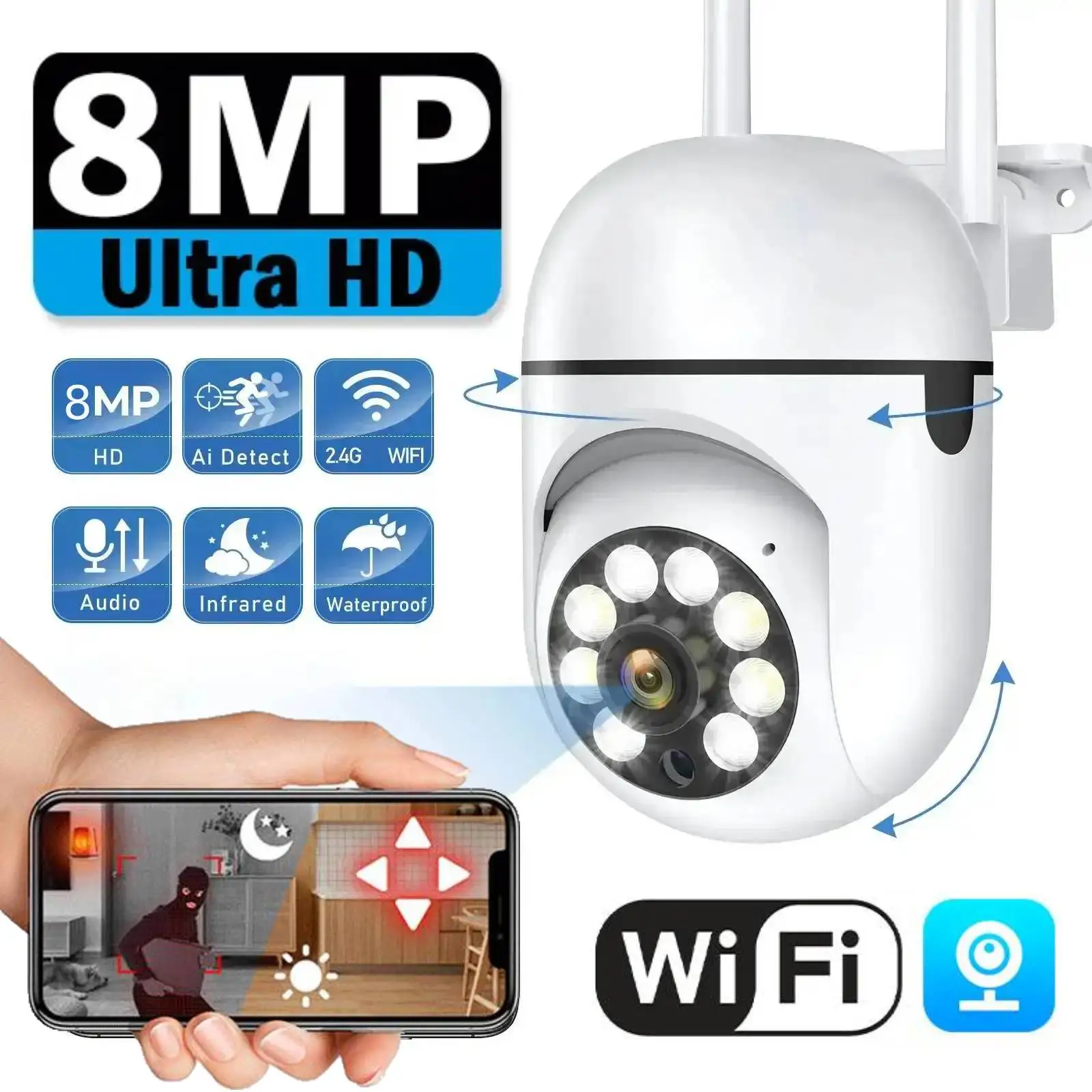 8MP Wifi Wireless Security Monitor Cameras IP66 Waterproof Color Night Vision Outdoor Cam Smart Home CCTV HD Surveillance Camera