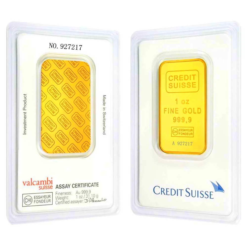 

1 OZ Gold CREDIT SUISSE Bar 24ct Gold Plated Layered Bullion Bar Transparent Acrylic Sealed Packaging Individual Serial Number