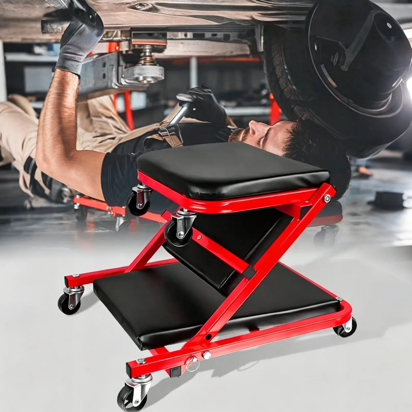Taburete rodante plegable tipo Z para mecánico, con 6 ruedas giratorias, bandeja y asiento acolchado para taller y garaje