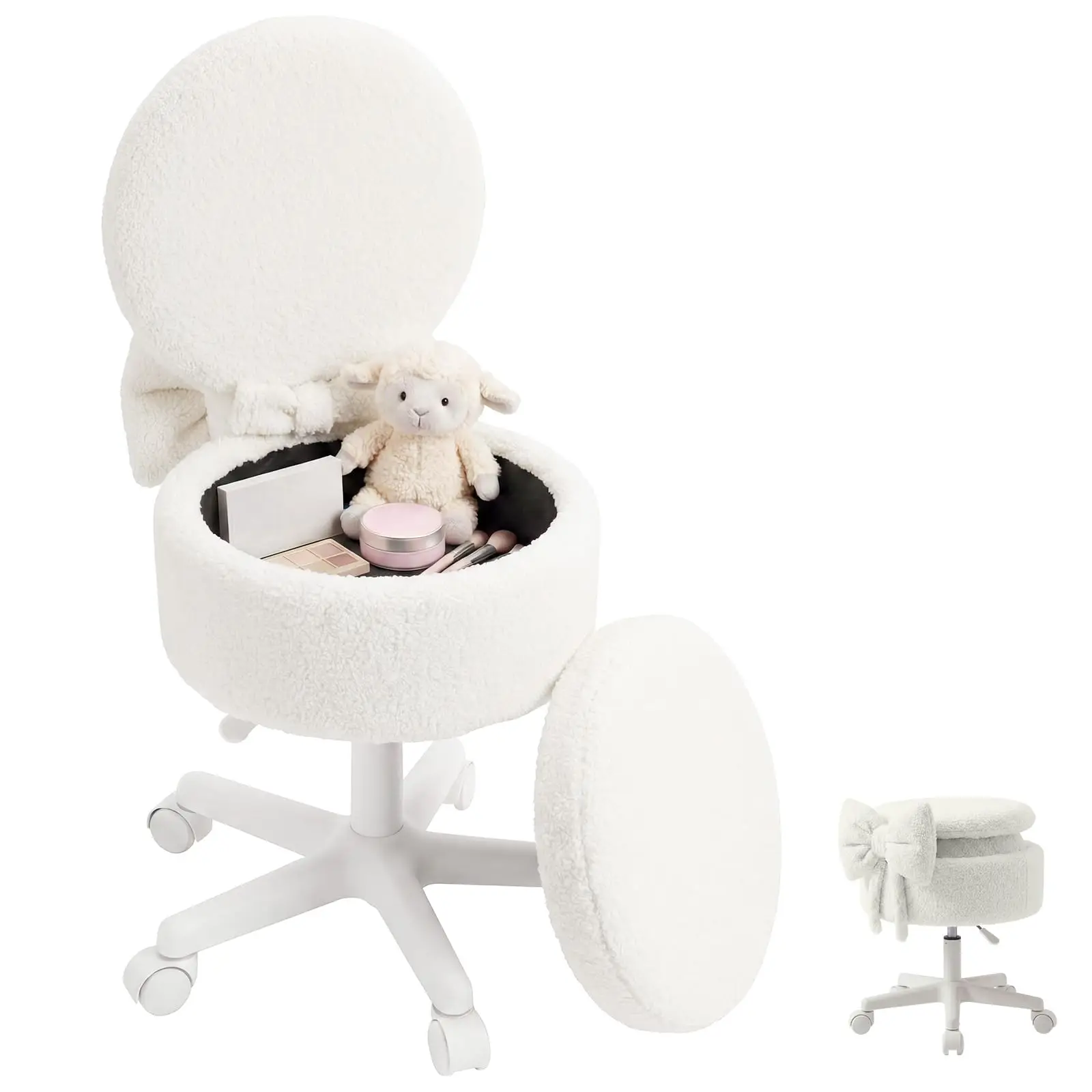 Chaise de maquillage avec rangement, petit tabouret pliant convertible avec roulettes et rangement caché de 9L, tabouret de coiffeuse en bouclette réglable en hauteur pour chambre et salon