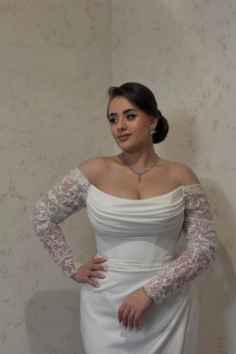 Jessica Lace Embroidered Long Sleeves Evening Dresses White Prom Dresses Mermaid Side Slit Vestidos De Fiesta Customized