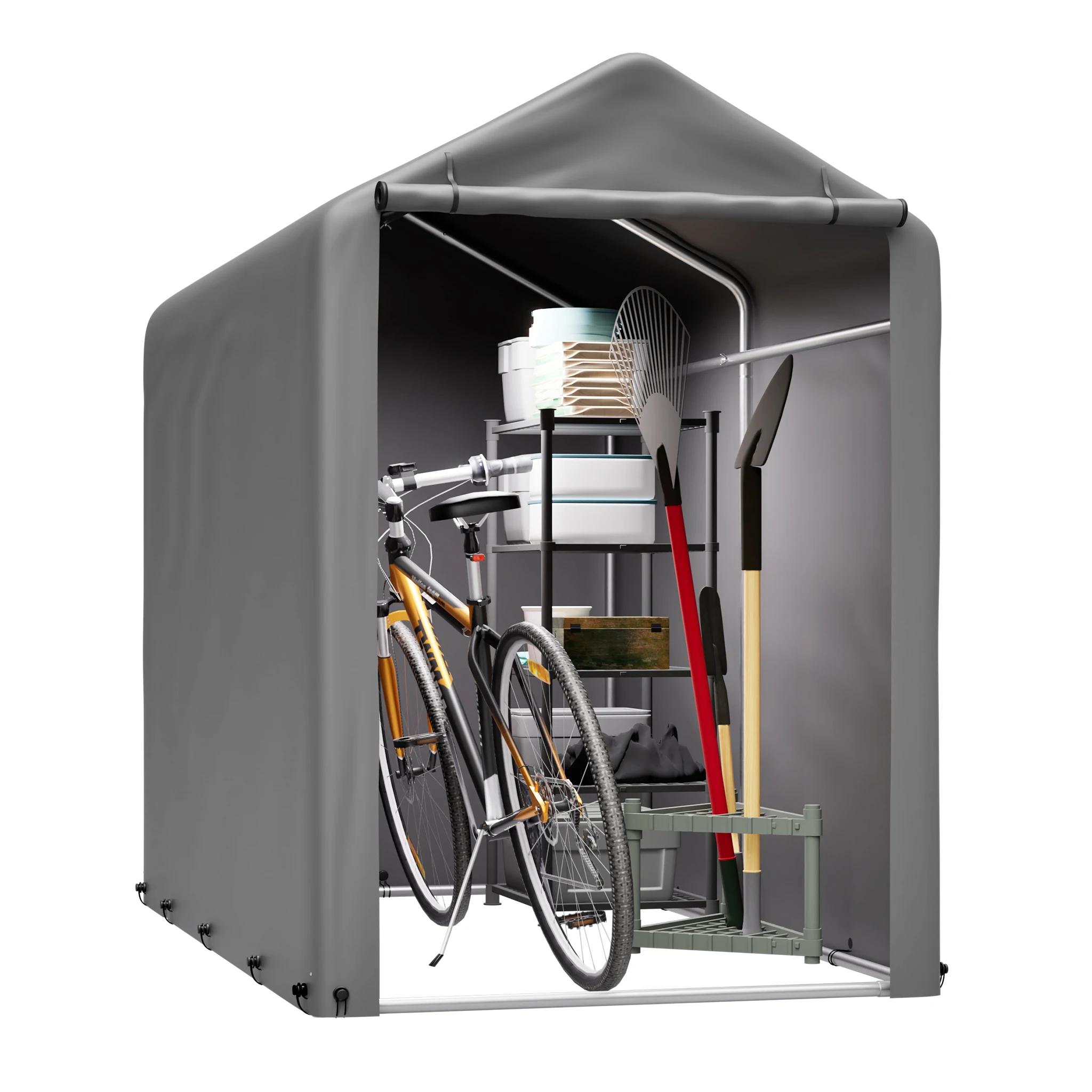 Ripostiglio per biciclette 187x100x160 cm, resistente alle intemperie, telaio in acciaio nero, grigio scuro, copertura impermeabile in PE, per attrezzi da giardinaggio, balcone, terrazza e giardino