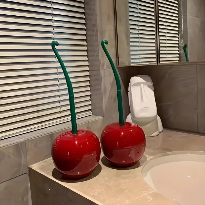 1pc Cute Cherry Toilet Brush Holder Set, Bathroom Lavatory Long Handle Toilet Bowl Brush Cleaner, Cleaning Brush Bathroom