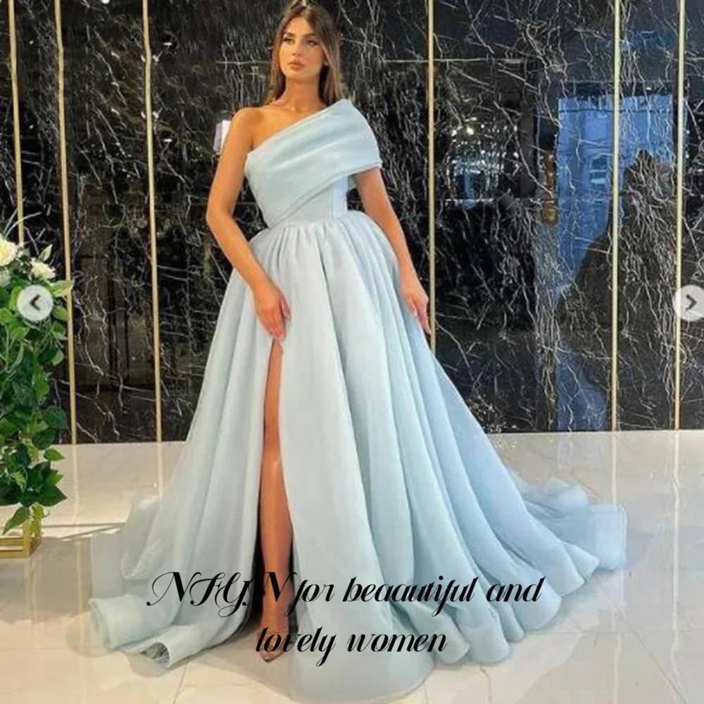 

NFYN Sky Blue Prom Dress Tulle Evening Party Dress Court Train Prom Gown One Shoulder Formal Dress Vestido De Festa Customized