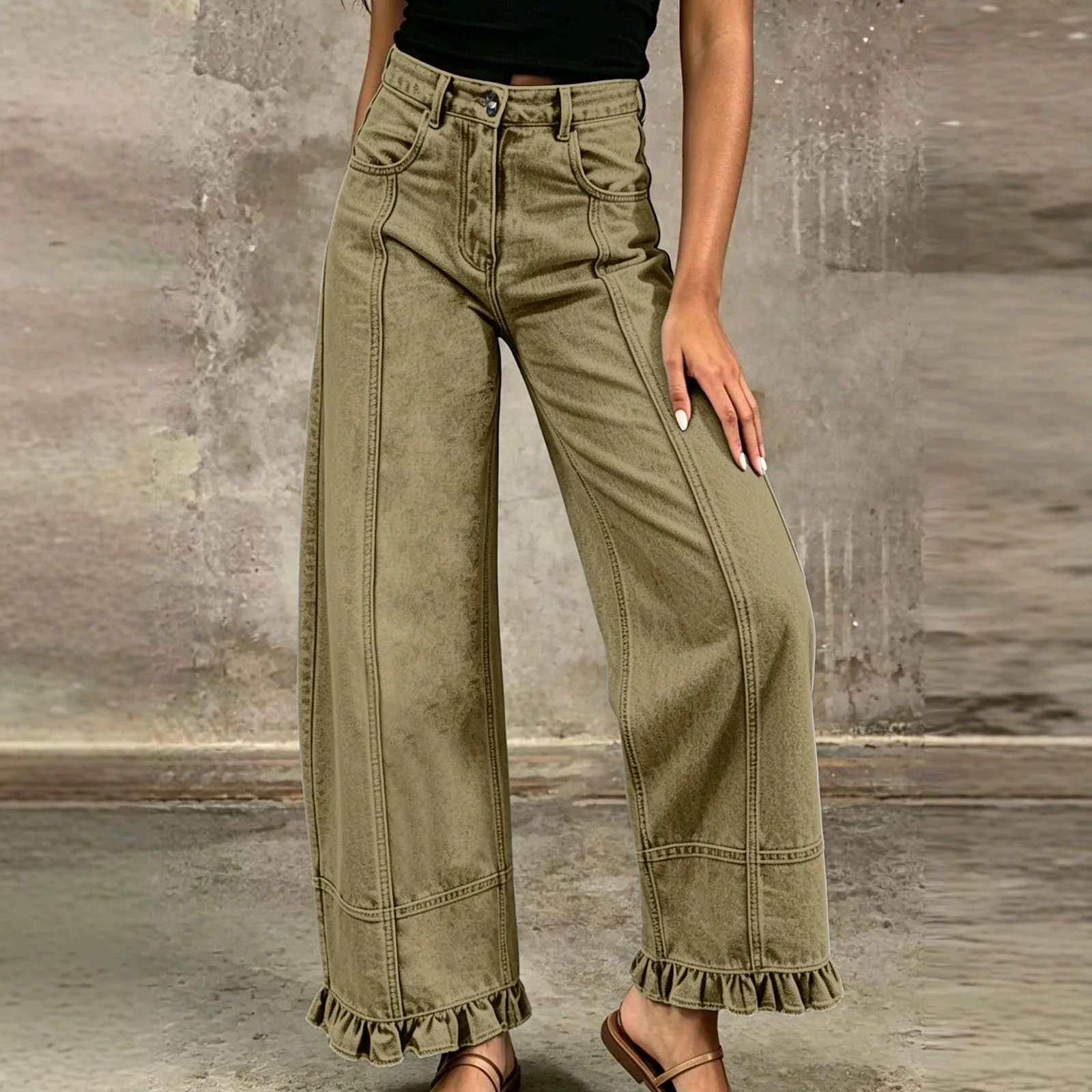 Loose Fit Straight Leg Pants with Wash Mid Rise No Stretch Regular Thickness Full Length Summer Women Pants Casual Workwear