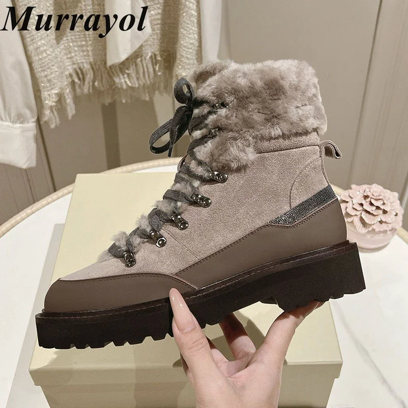 Snow Boots Women Real Leather Wool Lining Flat Thick Bottom Short Boots Winter Round Toe Lace Up Mid Calf Booties Vacation Shoes view 6