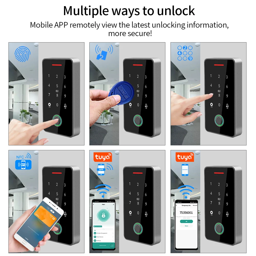 Tuya App RFID 13.56 mhz NFC Fingerprint Bluetooth Gate Door Opener Kits WIFI Gateway + Access Control Keypad Sets IP67 Rainproof