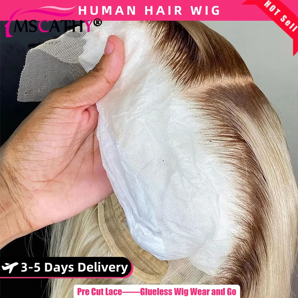 Wig rambut manusia Ombre pirang 613 tanpa lem untuk wanita memakai dan pergi wig Bob rambut Remy Brasil wig Bob pendek renda transparan HD