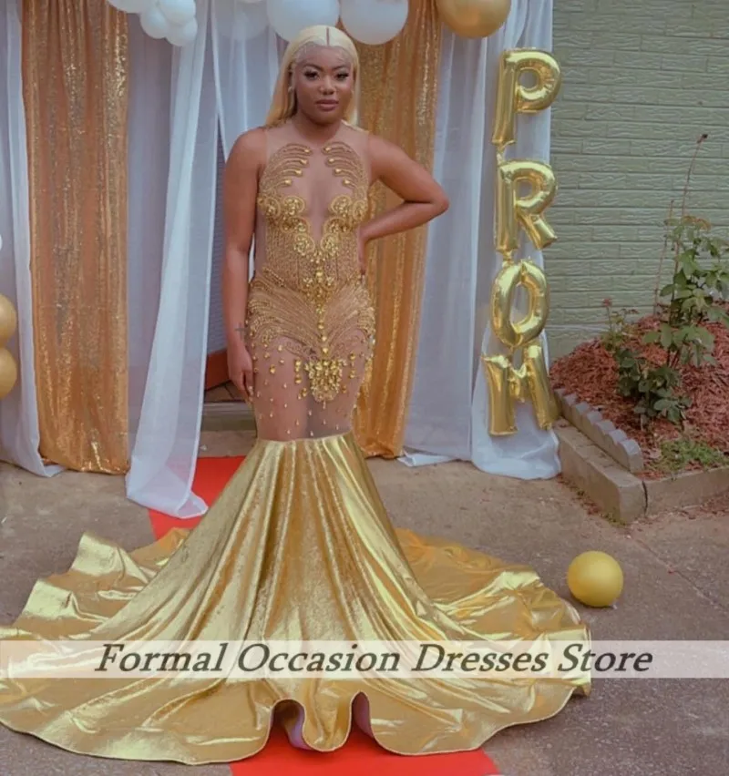 Customized Gold Prom Dresses 2025 Black Girls Crysatl Mermaid Party Gowns Long See Through African Women Evening Dress