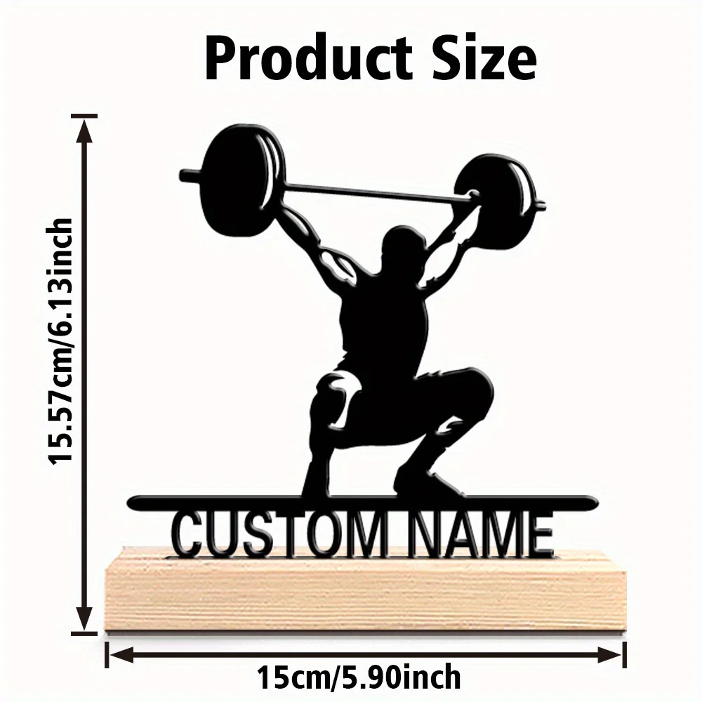 A Personalized Weightlifting Decoration - Custom Name, Sturdy Metal Statue with a Natural Wood Base - for Home Gyms