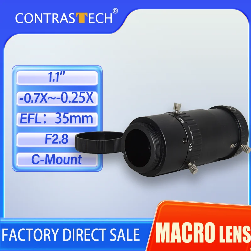 

1.1" Macro Lens Optics Magnification -0.7 X ～ -0.25X 35mm Fixed Inspection Distortionless FA Lens For High Precise Imaging