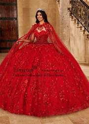 Robe de Rhpersonnalisée avec cape, robe Quinceanera, corset de fleurs, appliques perlées, robe Sweet 16, train de cour, robe éducative, 15 ans