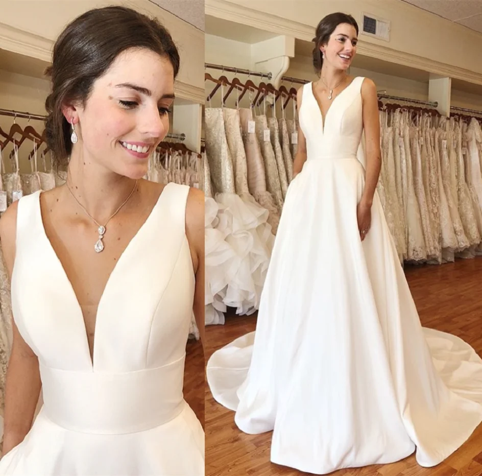 Abito da sposa a trapezio in raso bianco Sexy scollo a v senza schienale con tasca senza spalline abiti da sposa abito da ballo Robe De Mariée personalizzato