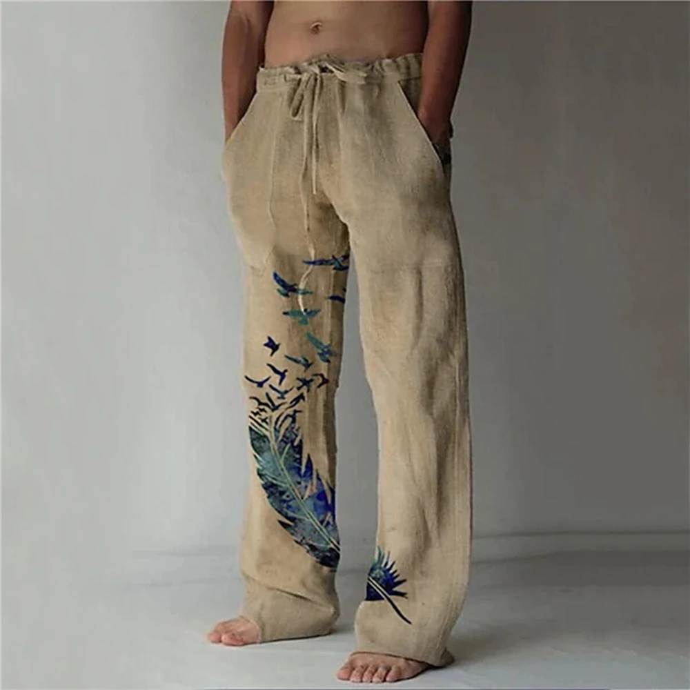 Men\'s Trousers Summer Pants Beach Pants Pocket Drawstring Elastic Waist Feather printing Breathable Lightweight Casual Trousers