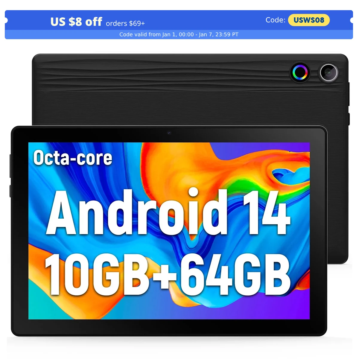 BESTSKI 10.1 Inch Android 14 Tablet, Octa-core 10GB RAM 64GB ROM(Expand to 1TB), 5MP+8MP Dual Cameras, Face ID, WiFi 6,Black