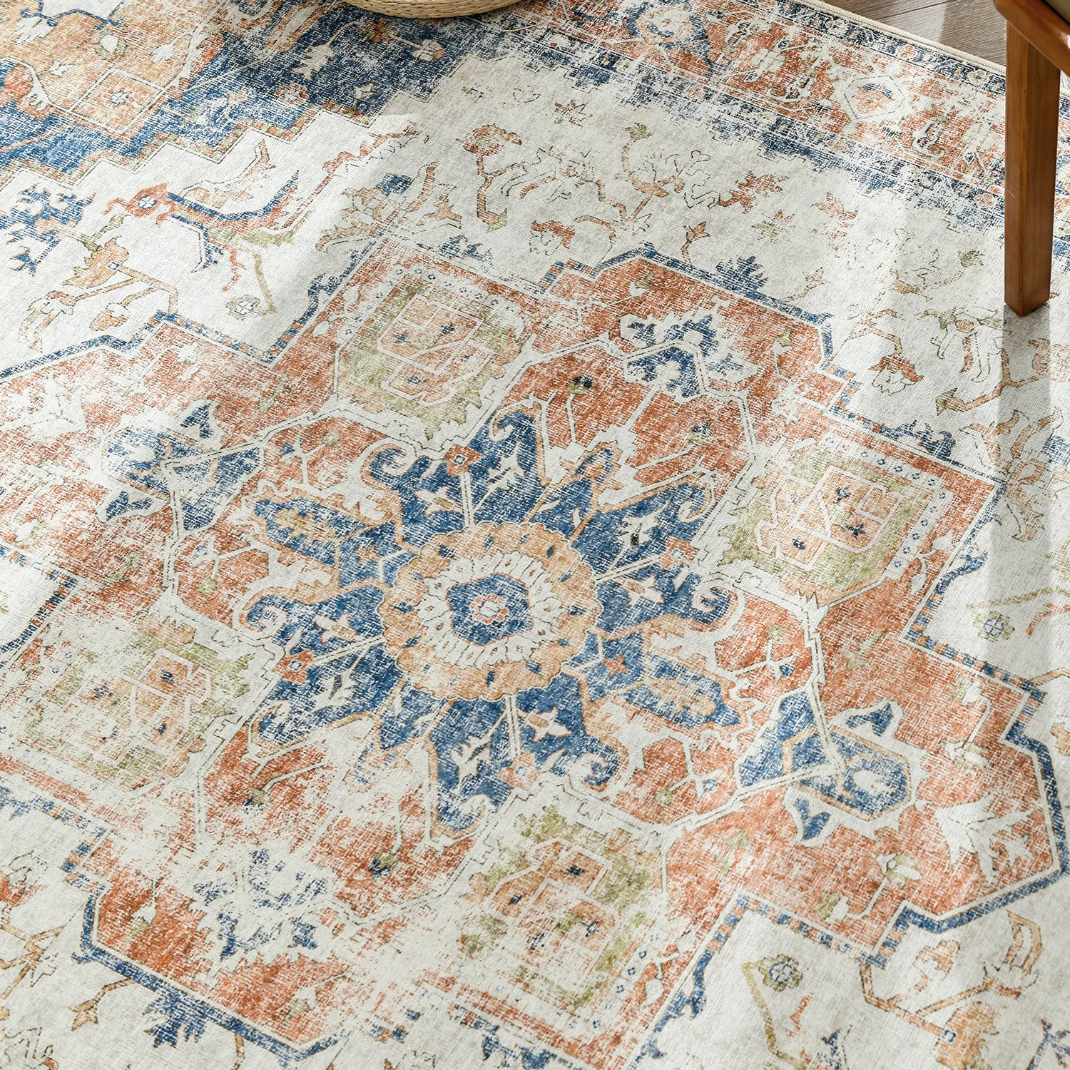 Vintage Beige Blue Persian Rug Non-Slip Washable Entryway Doormat Distressed Kitchen Floor Carpet Boho Home Room Decor