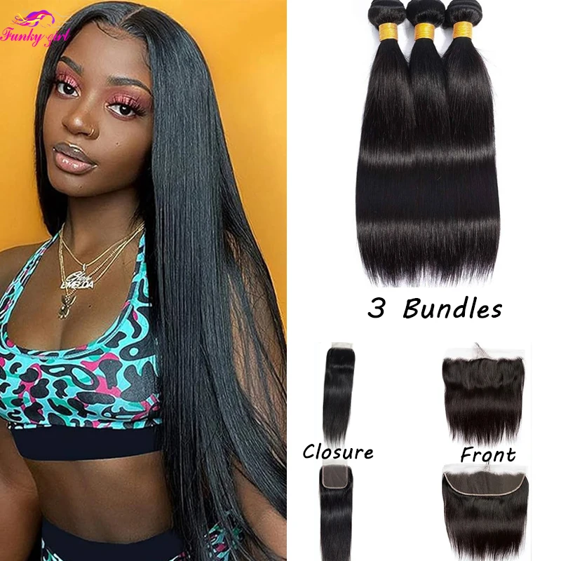 

Straight Bundles Brazilian Hair Weave Bundles 3 PCS Natural Color 100% Virgin Human Hair With Lace Frontal Remy Hair Extensions