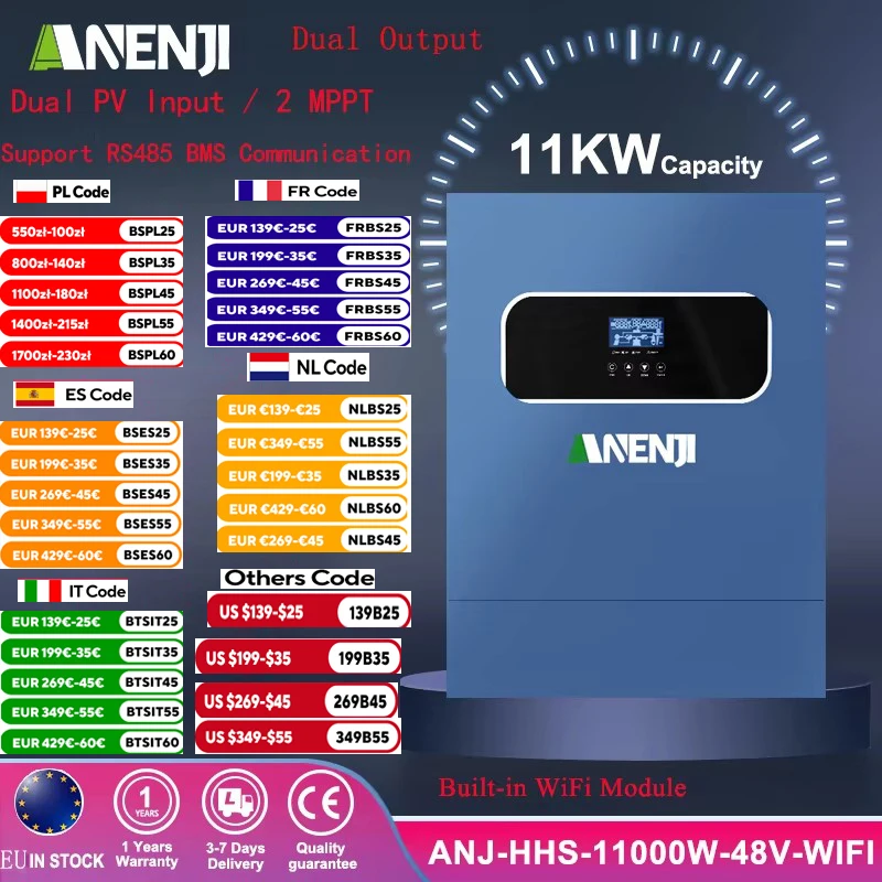 11KW 6.2KW 4KW Inverter solare ibrido sinusoidale pura Off Grid Tie Inverter 48V 24V 230VDC Built-in 160A 120A 100A MPPT caricatore solare