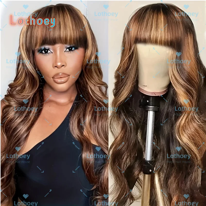 Бесклеевой парик из натуральных волос с объемной волной и челкой # 427 Медовый блонд с эффектом омбре, легко устанавливаемый естественный вид для женщин